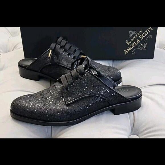 The Office of Angela Scott Mr. Winnie Black Slides Mule Oxford Womens Shoes 37.5